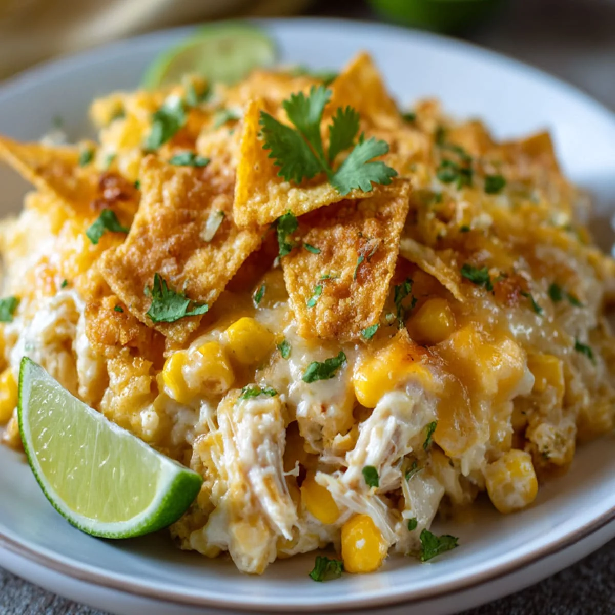 Plated Street Corn Chicken Casserole served with lime and garnished with cilantro and crunchy tortilla chips