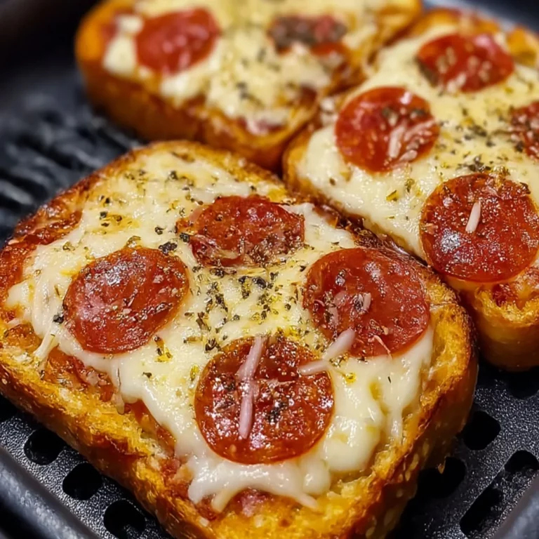 Close-up of Texas Toast Pizza in the air fryer with melted mozzarella and pepperoni slices