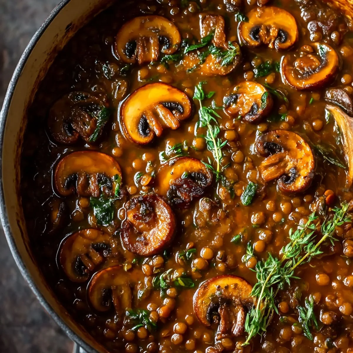 Vegan Lentil Mushroom Stew with thyme and rustic vegetables in a pot