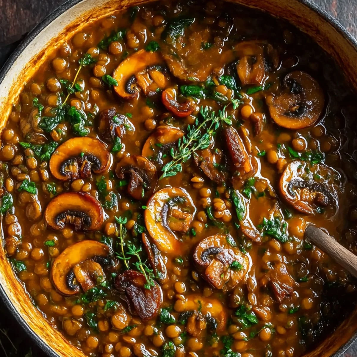 Easy Lentil Mushroom Stew filled with spinach, lentils, and mushrooms
