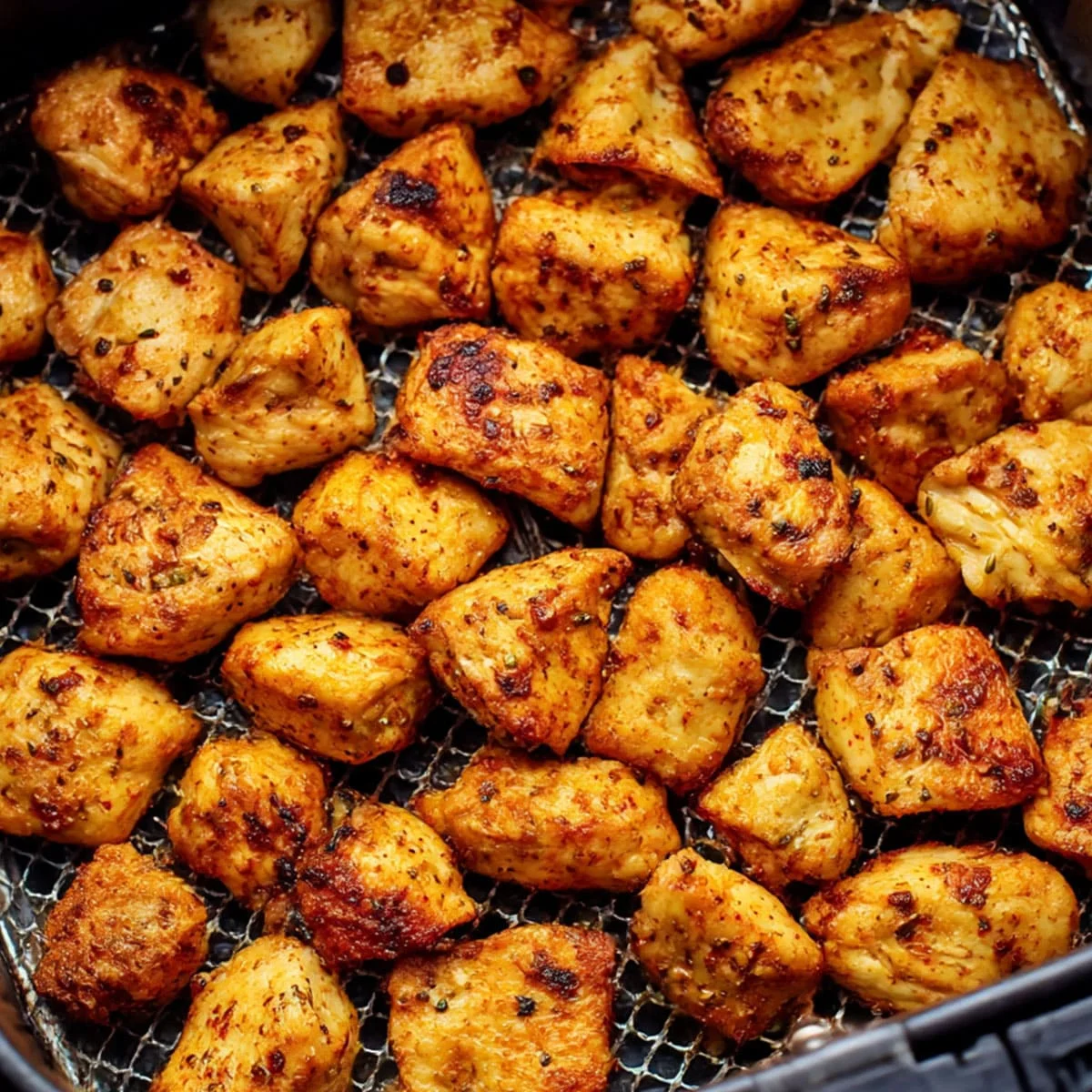 Close-up of crispy Air Fryer Chicken Bites with Cajun seasoning