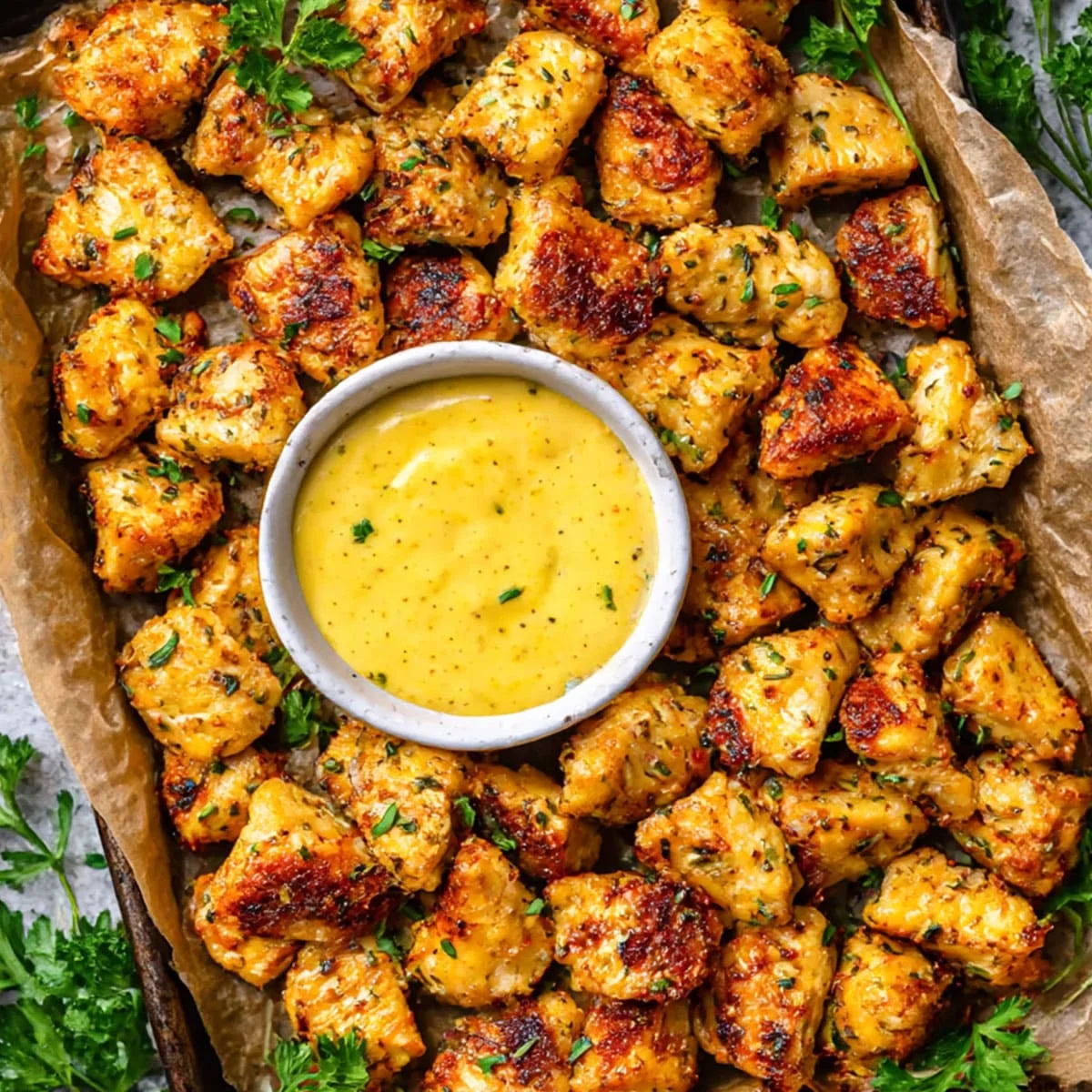 Air Fryer Chicken Bites served crispy with dipping sauce and fresh herbs