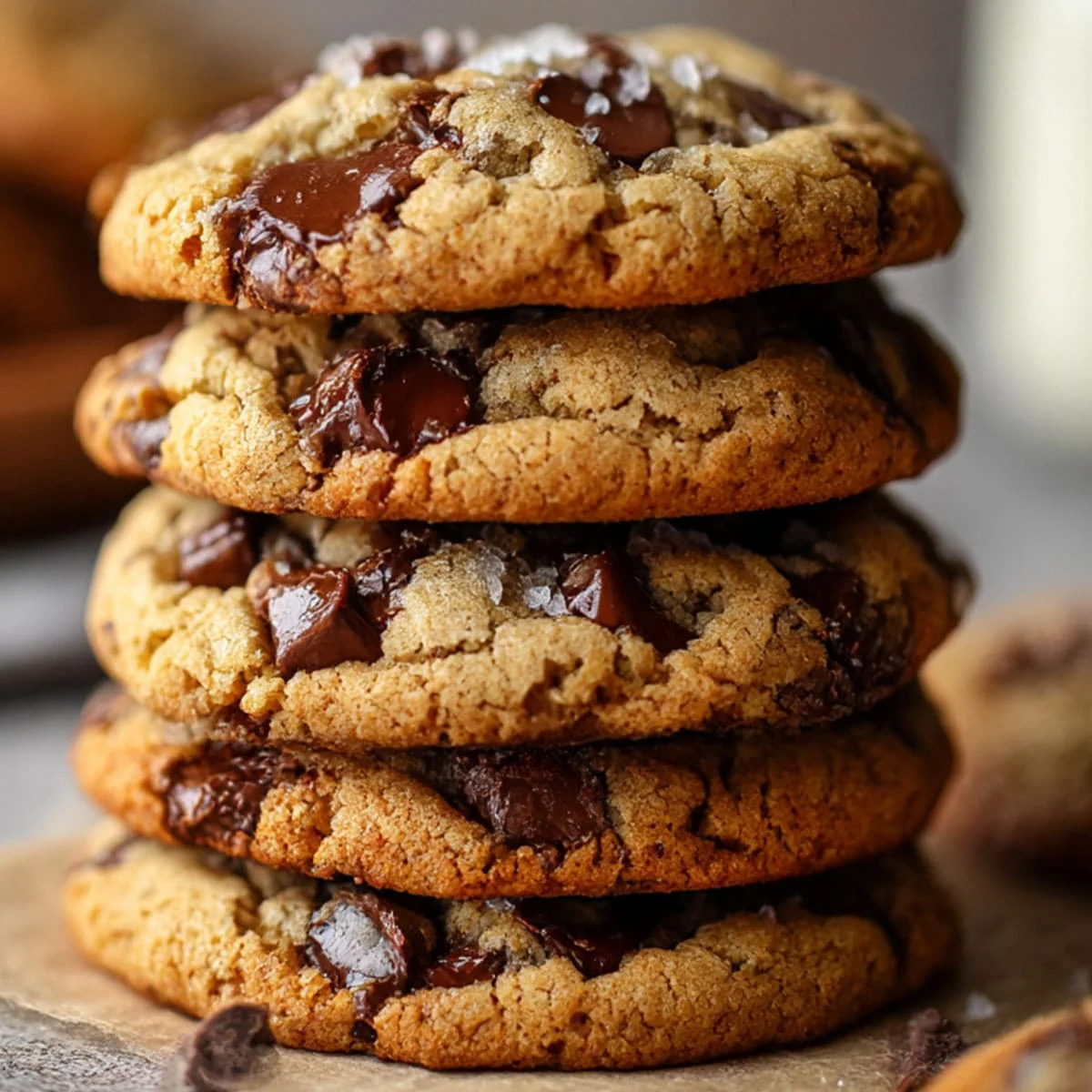 Best Brown Butter Chocolate Chip Cookies stacked with melty chocolate chunks and flaky sea salt