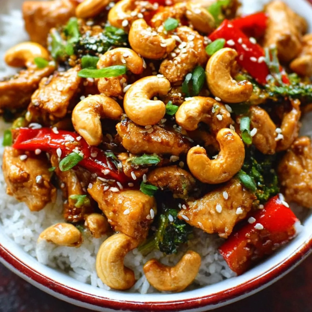 Cashew Chicken served over rice with roasted cashews and green onions