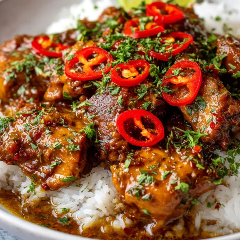 Brazilian Coconut Chicken served over rice with creamy coconut sauce and fresh red chili slices