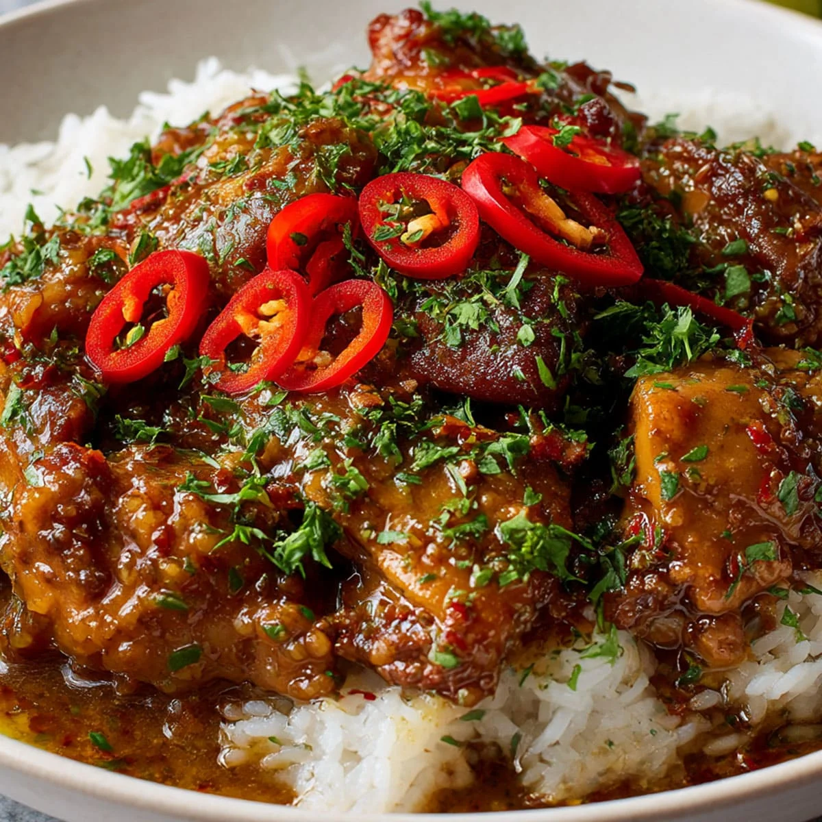 Easy Brazilian Coconut Chicken with coconut milk sauce and herbs over white rice