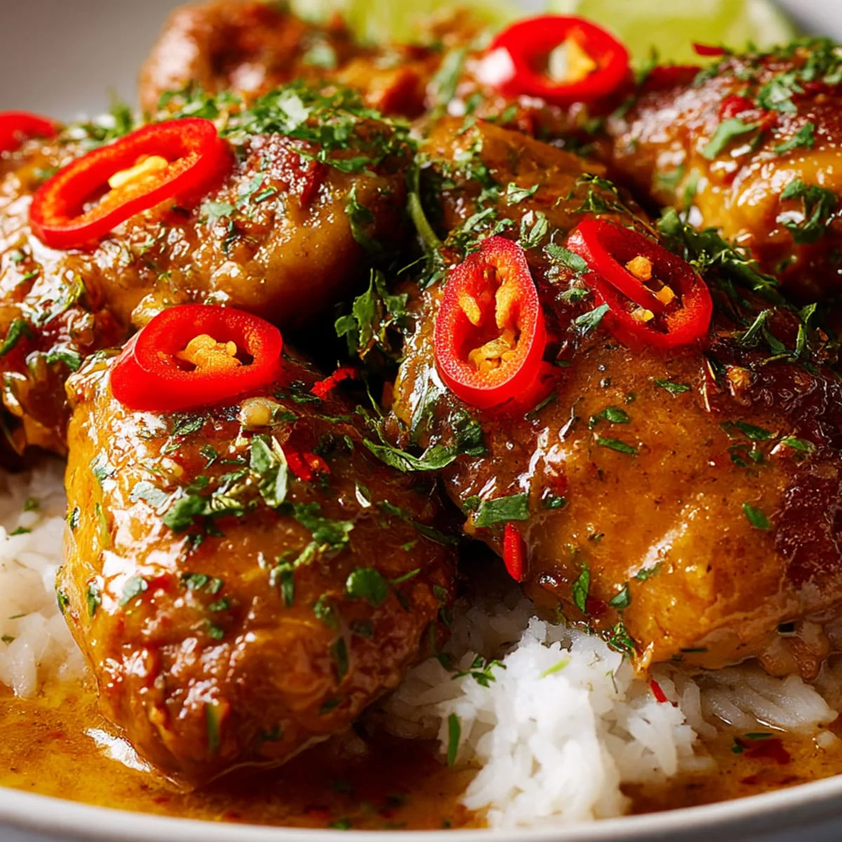 Easy Brazilian Coconut Chicken with coconut milk sauce and herbs over white rice