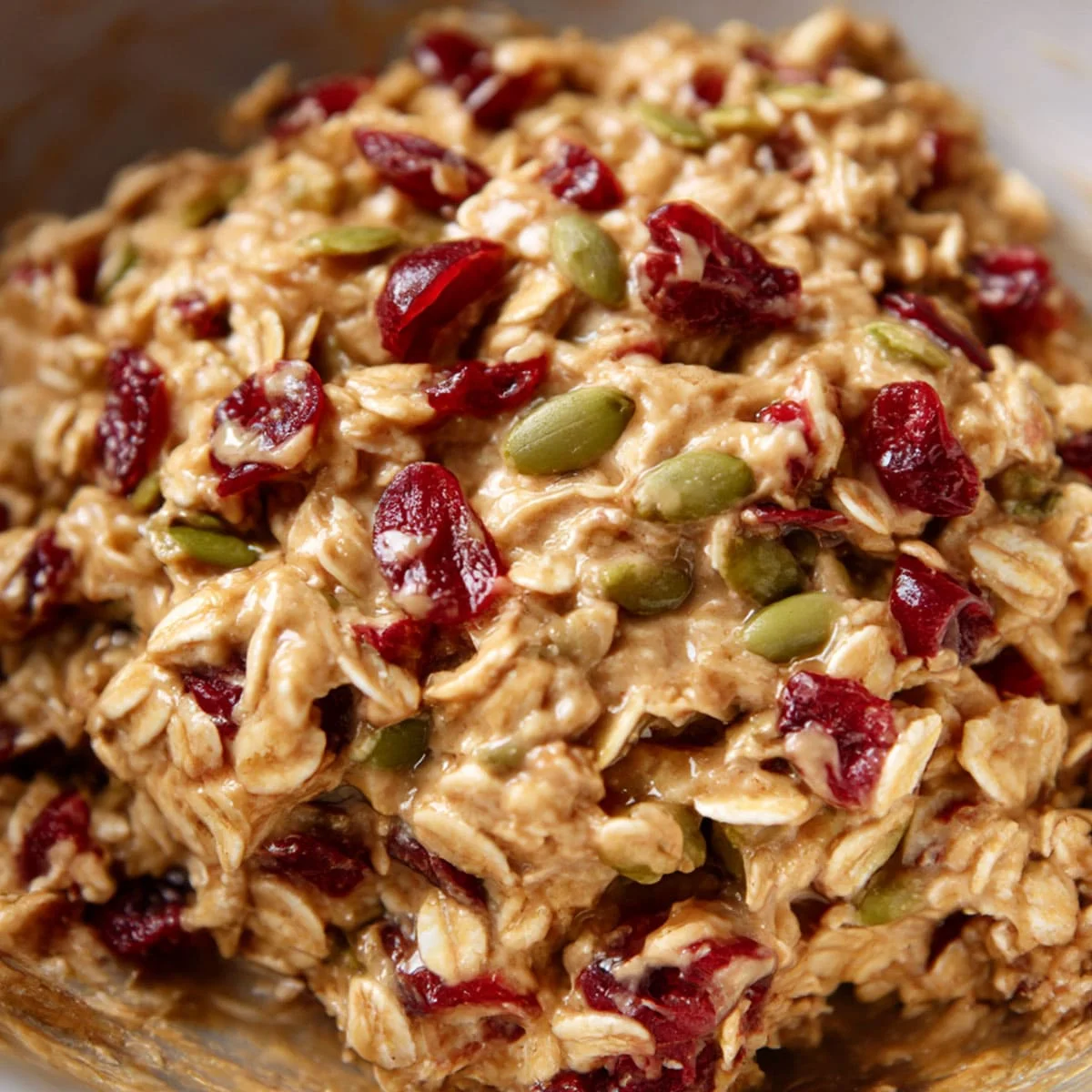 Oatmeal breakfast cookie dough mixed with cranberries and seeds