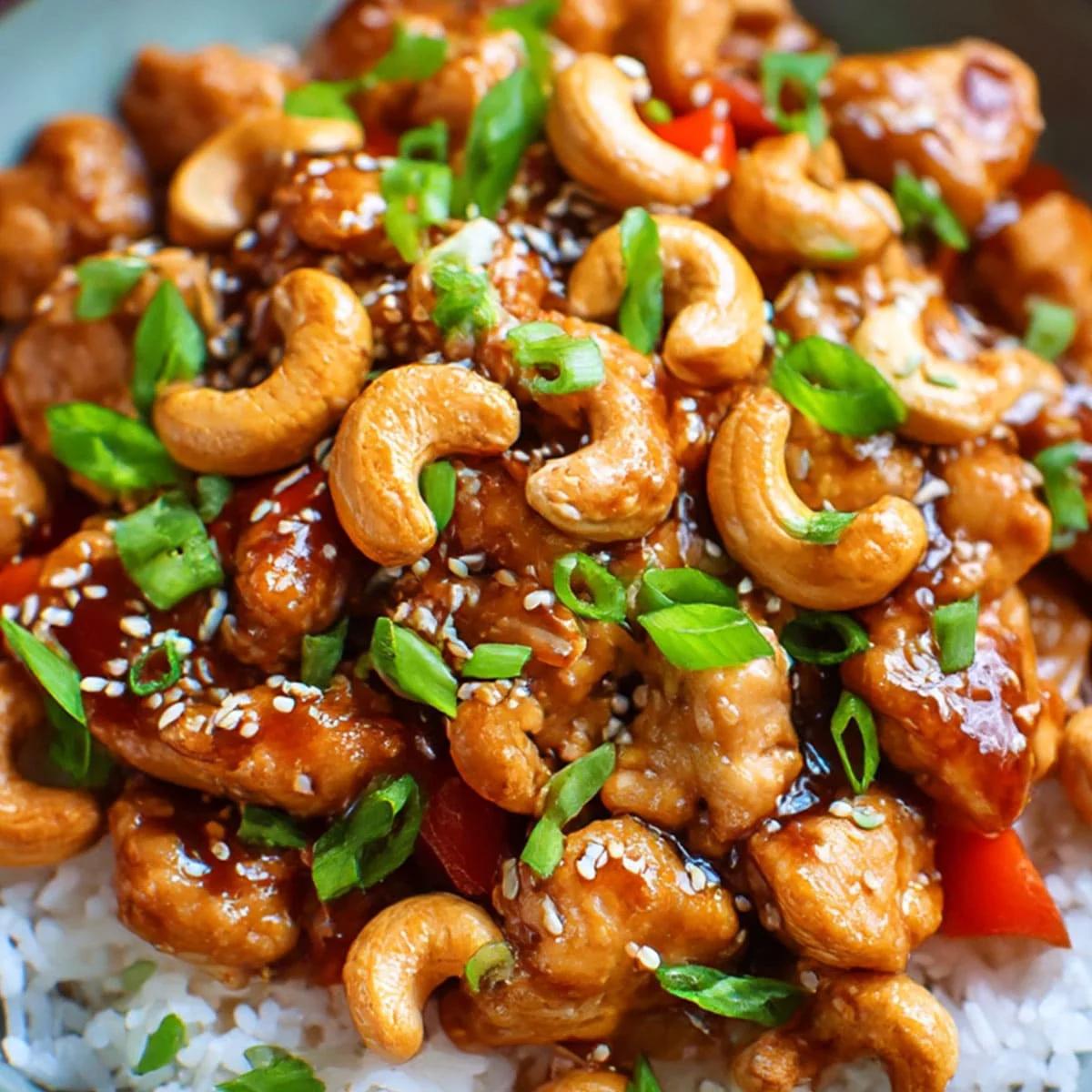 Homemade Cashew Chicken with bell peppers and sesame seeds