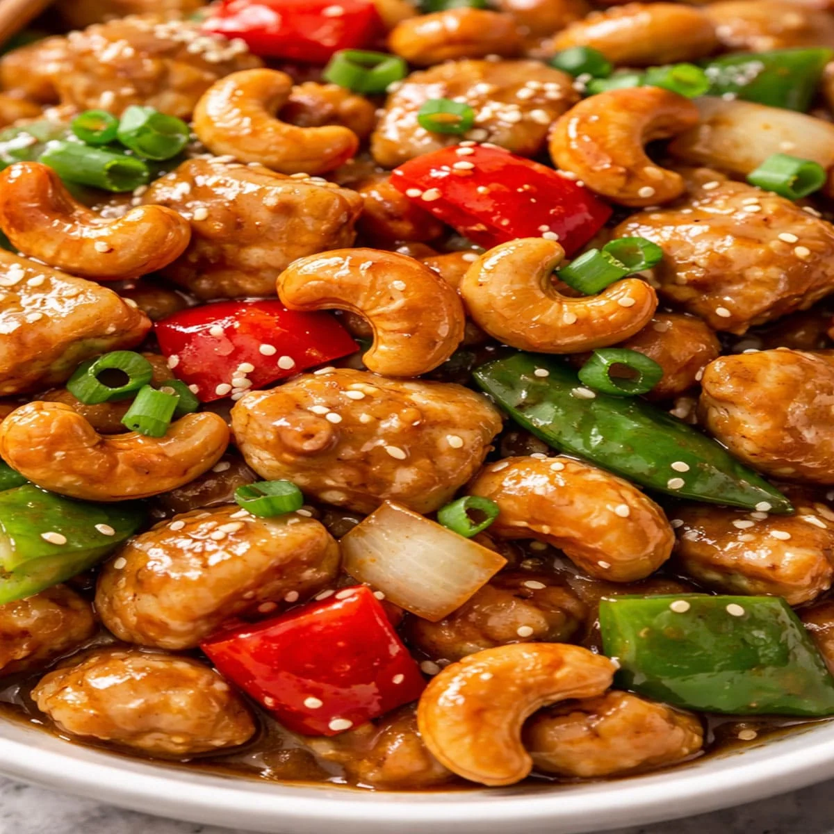Easy Cashew Chicken with crispy chicken and roasted cashews over rice