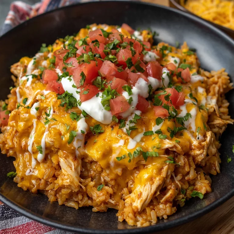 Cheesy Chicken Taco Rice in a black bowl with melted cheese, sour cream, and tomato-cilantro topping