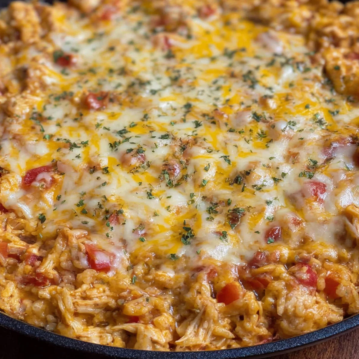Cheesy Chicken Taco Rice in the skillet with melted cheese spread across the top