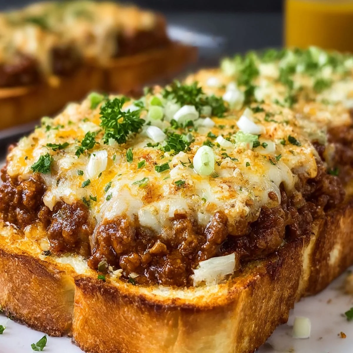 Thick-sliced Cheesy Sloppy Joe Garlic Bread topped with scallions and mixed cheese