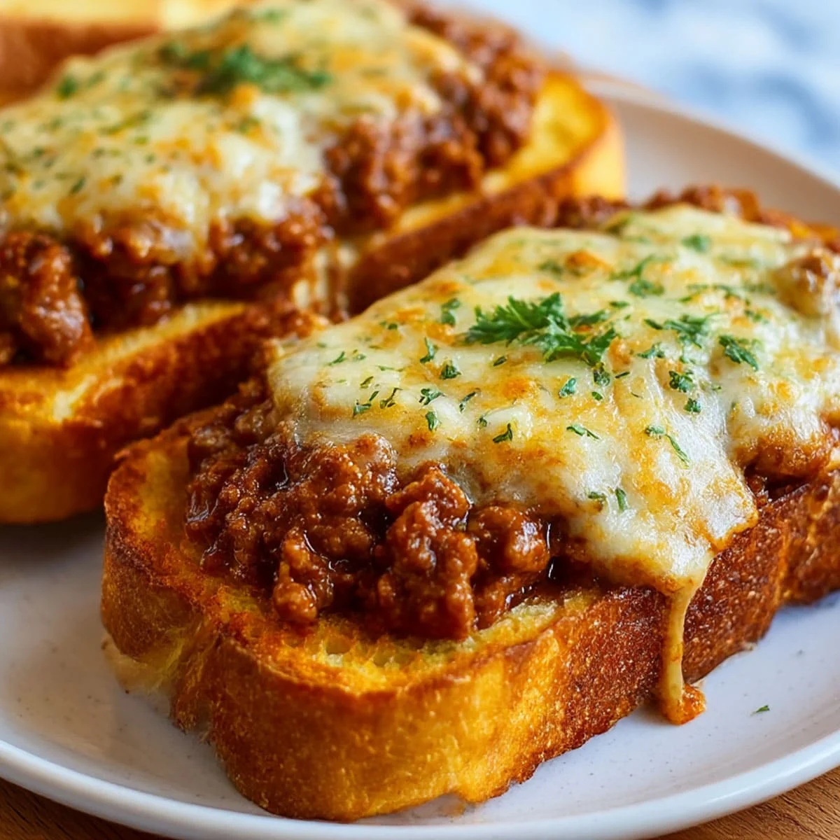 Toasted Cheesy Sloppy Joe Garlic Bread slices with mozzarella and golden cheese pull