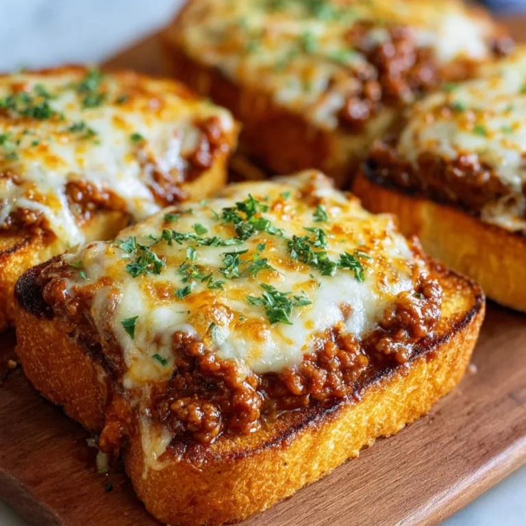 Cheesy Sloppy Joe Garlic Bread topped with golden melted mozzarella and fresh parsley on crispy thick-cut toast