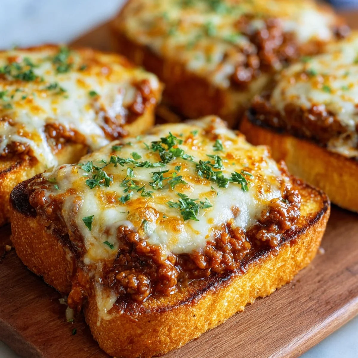 Cheesy Sloppy Joe Garlic Bread topped with golden melted mozzarella and fresh parsley on crispy thick-cut toast