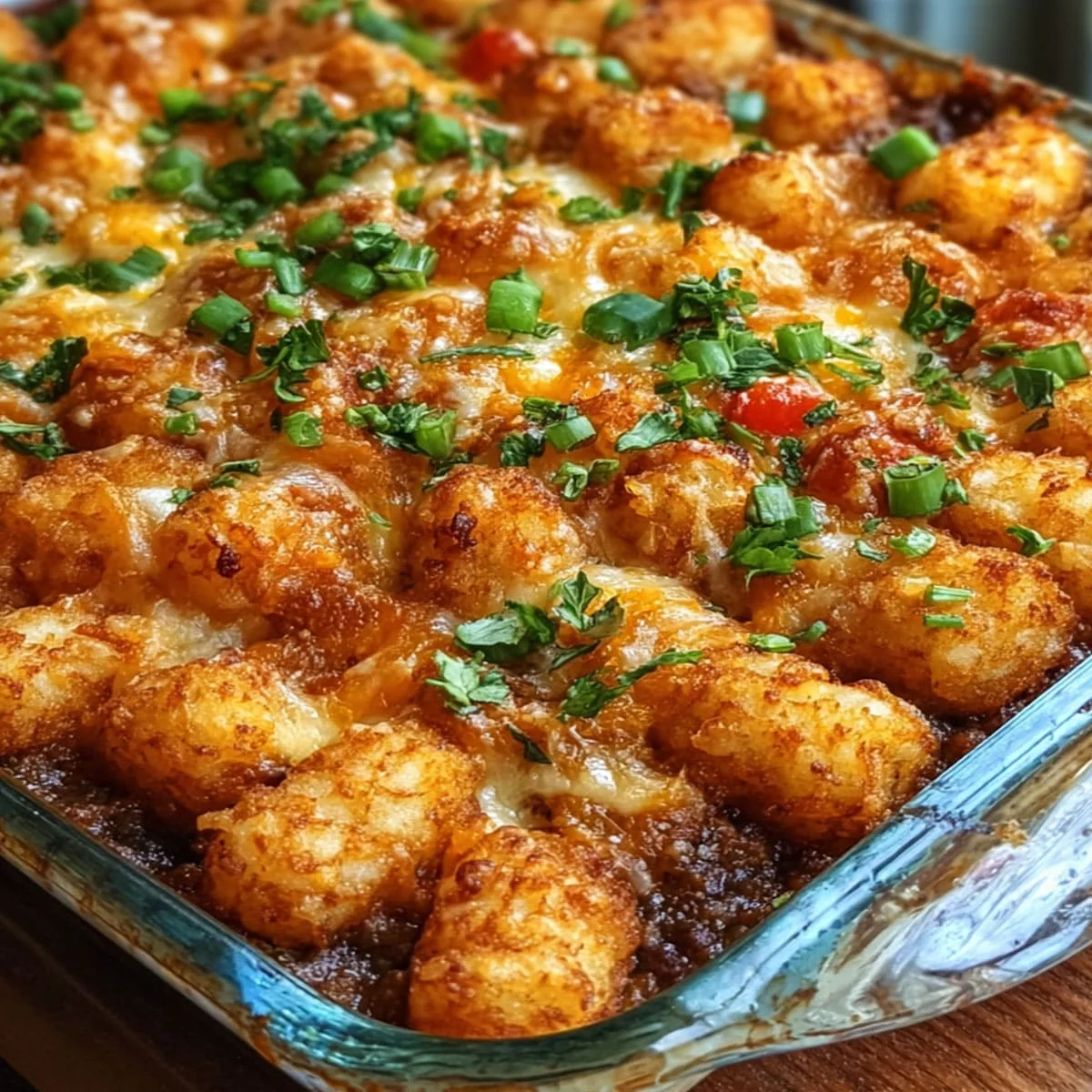 Close-up of cheesy tater tot casserole fresh from the oven