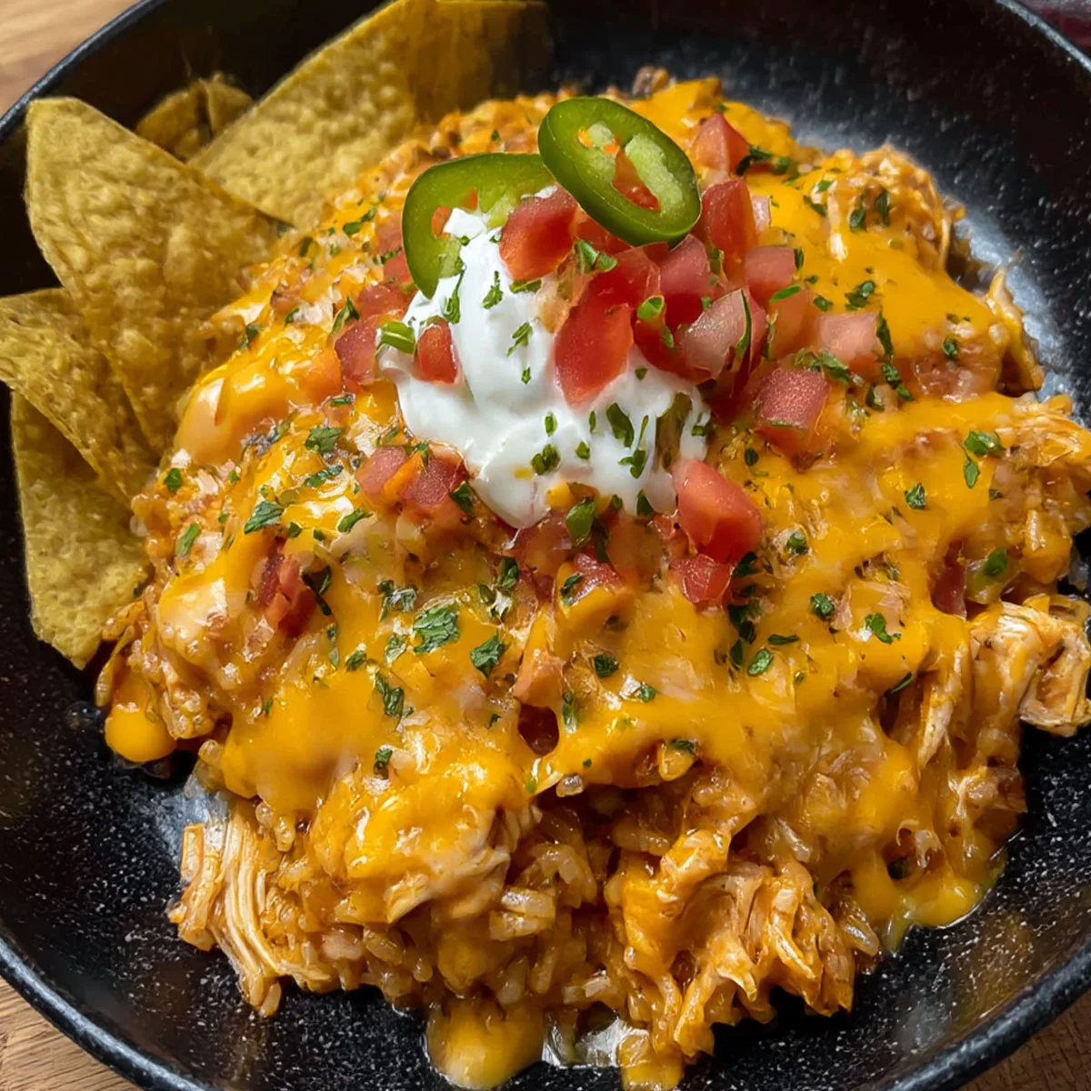 Cheesy Chicken Taco Rice bowl with tortilla chips, melted cheese, sour cream, diced tomatoes, and jalapeño slices