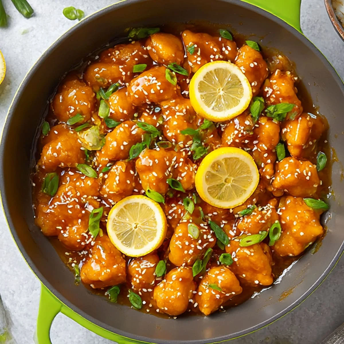 Chinese Lemon Chicken cooking in skillet during sauce preparation