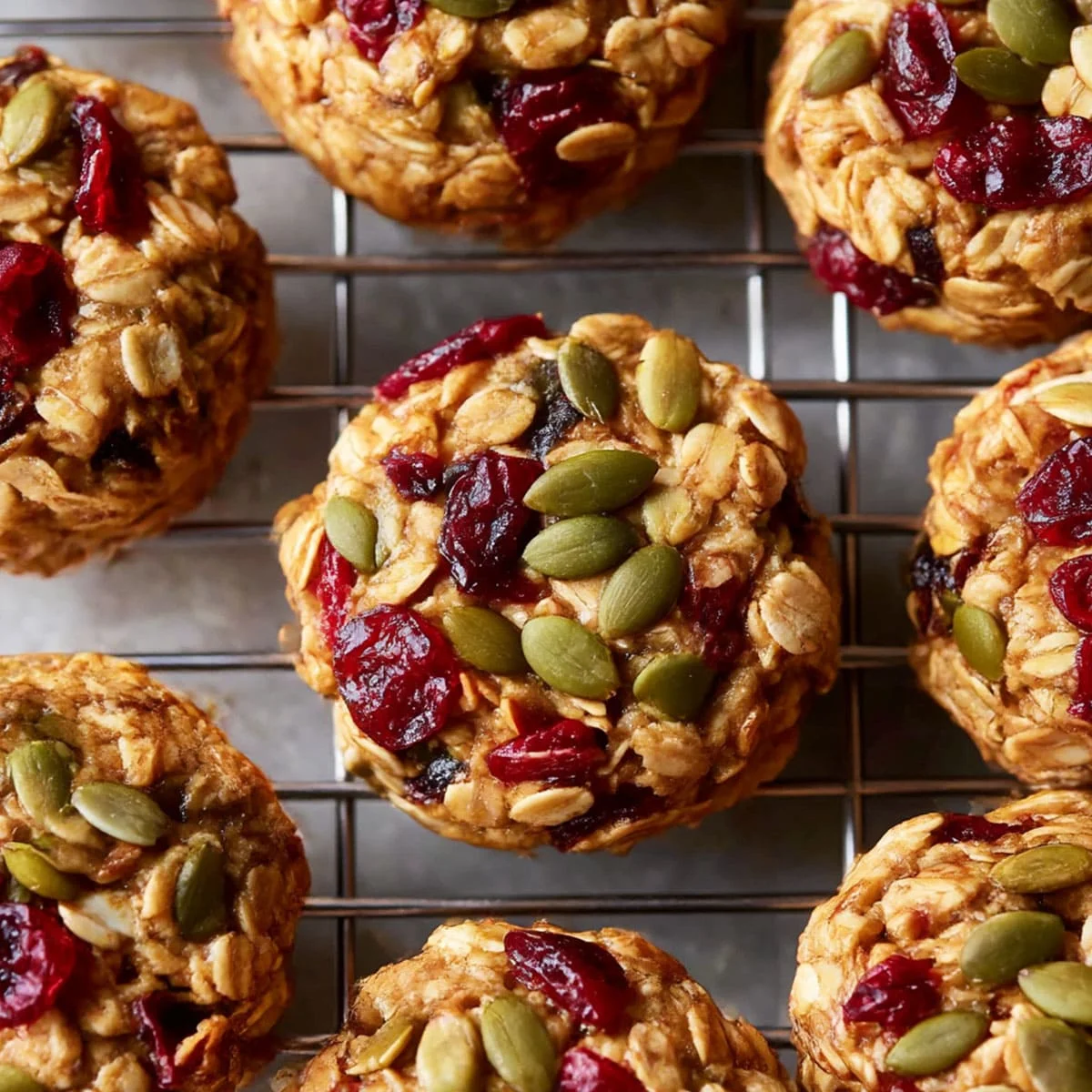 Easy breakfast cookies topped with pumpkin seeds and dried cranberries