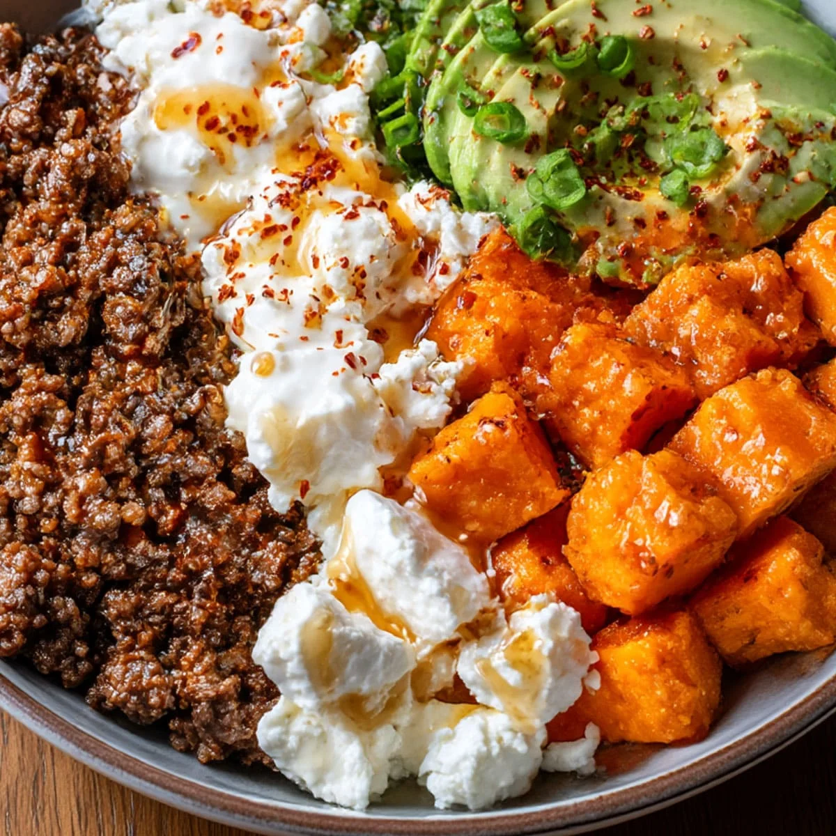 Hot Honey Cottage Cheese Sweet Potato Beef Bowl with ground beef, roasted sweet potatoes, avocado slices, and hot honey drizzle