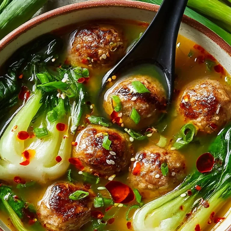 Ginger Chicken Meatball Soup with baby bok choy in golden ginger broth topped with chili oil and sesame seeds