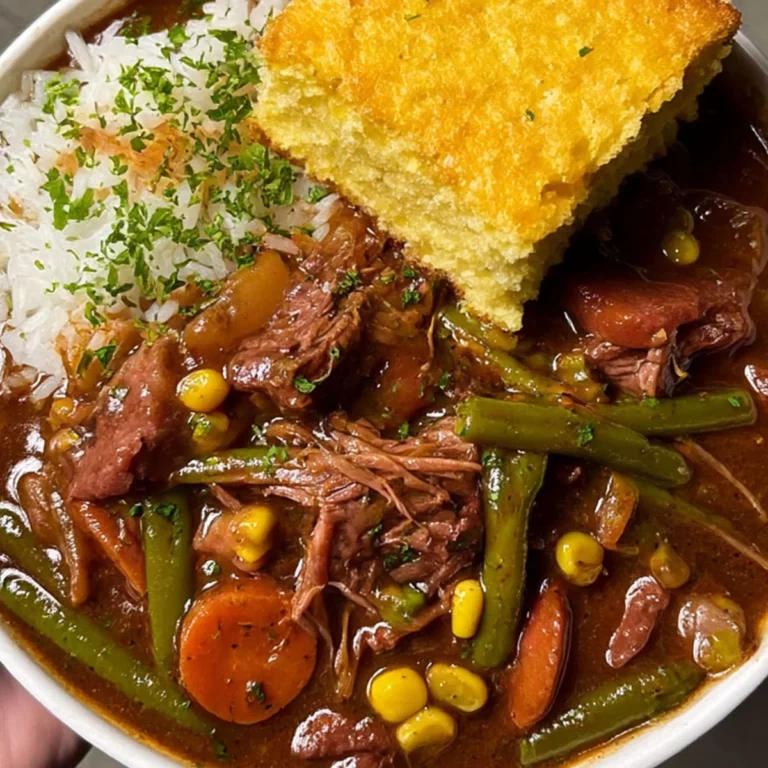 Hearty Beef Stew Bowl with Rice and Hatch green chile cornbread served in a white bowl
