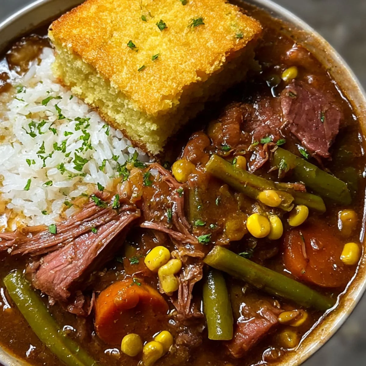 Close-up of Hearty Beef Stew Bowl with Rice and vegetables in a thick gravy