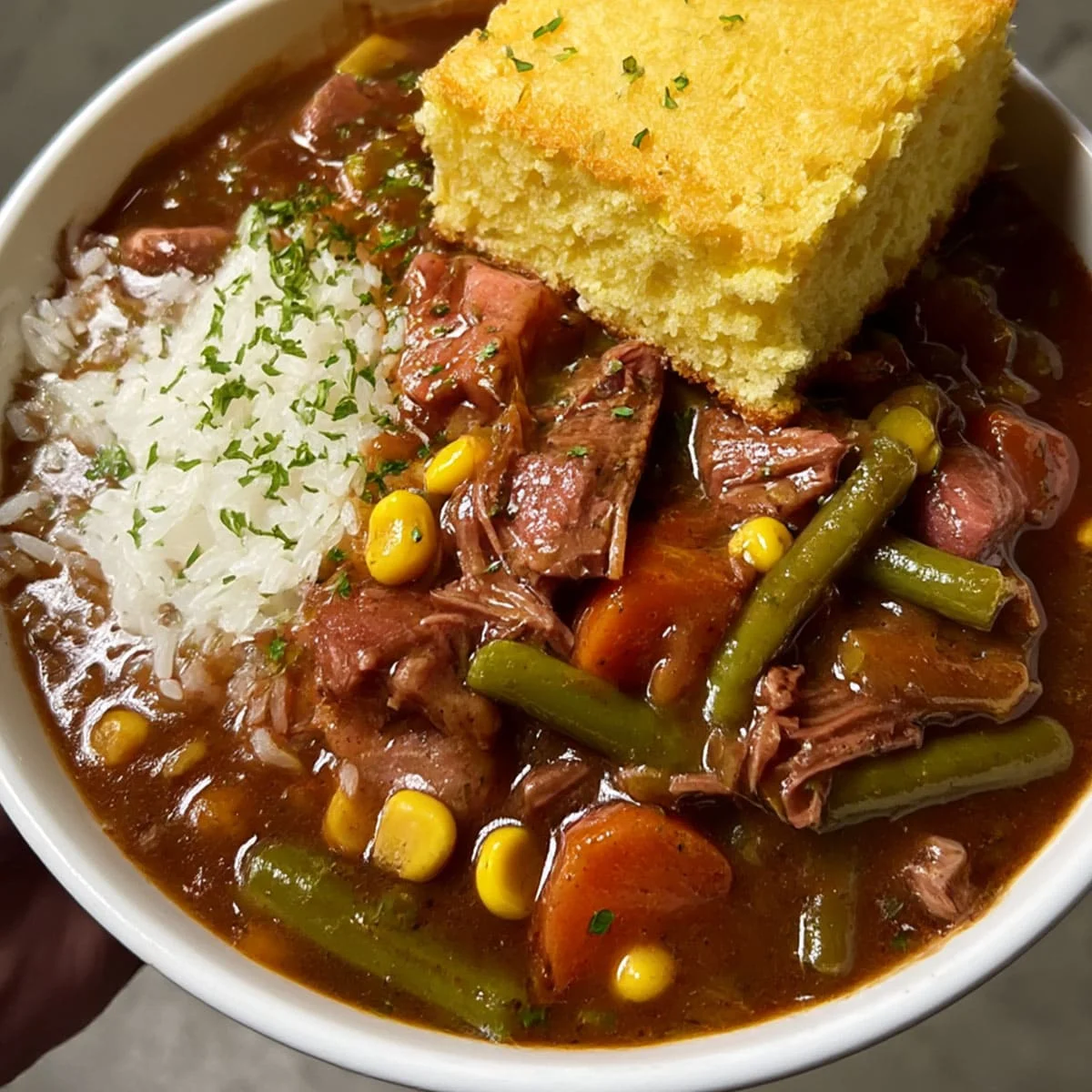 Beef neckbone stew with rice and vegetables topped with golden cornbread