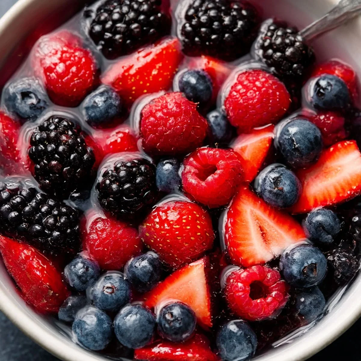Nature Cereal Bowl with fresh berries, pomegranate seeds and coconut water in a white bowl