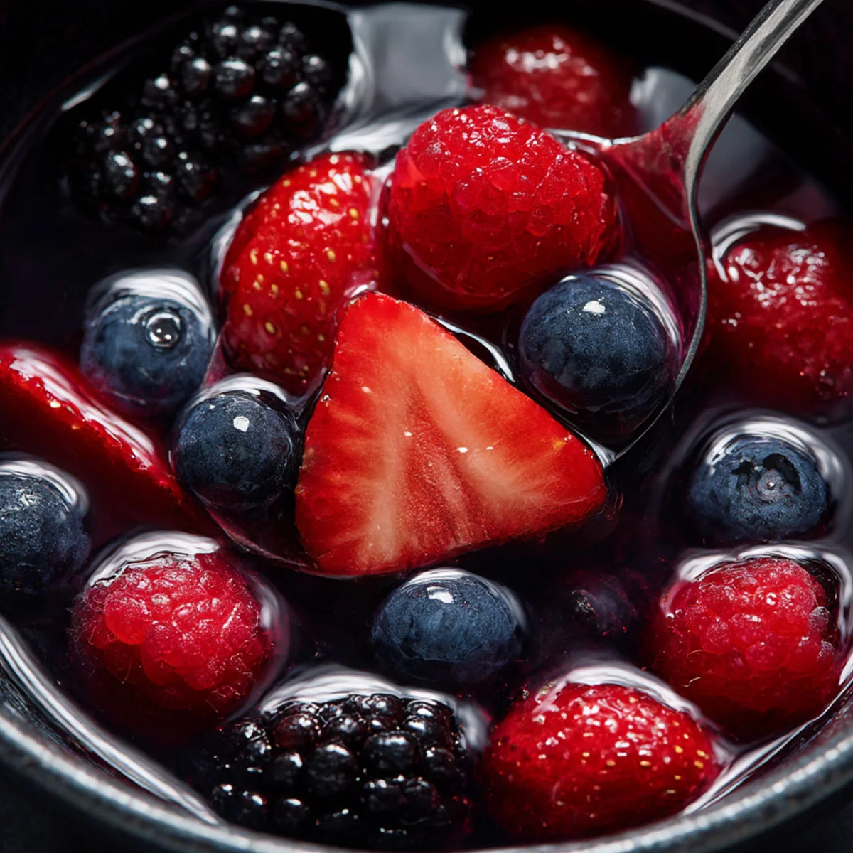 Nature Cereal Bowl with fresh berries and coconut water on a spoon close-up