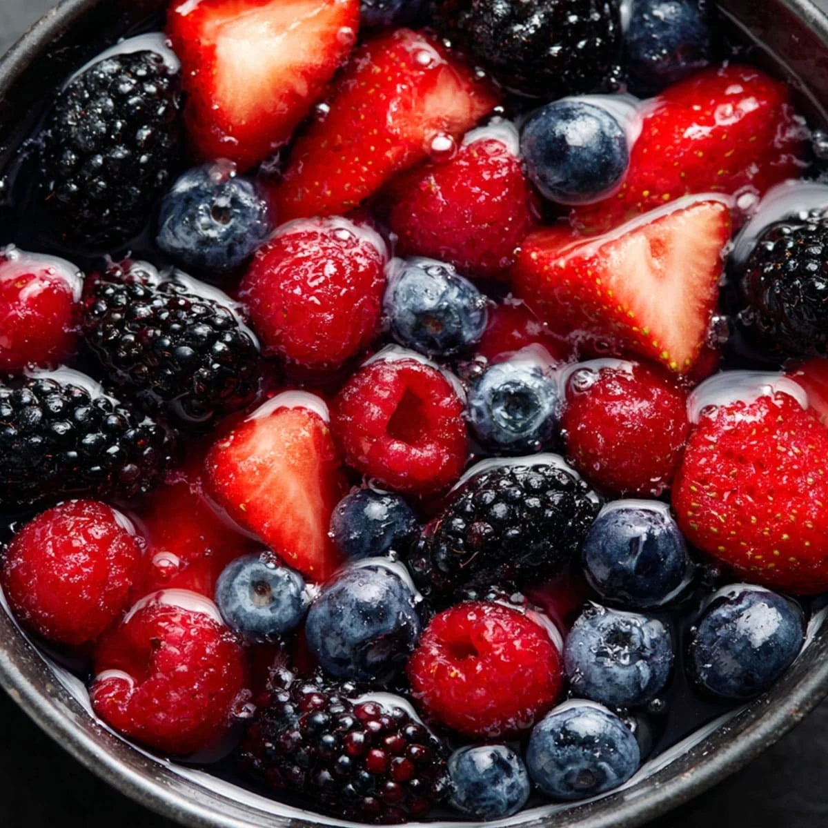 Close-up of Nature Cereal Bowl with strawberries, raspberries, blueberries and coconut water