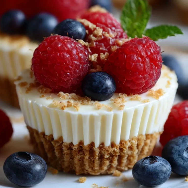No Bake Cheesecake Cups topped with fresh raspberries, blueberries, and mint