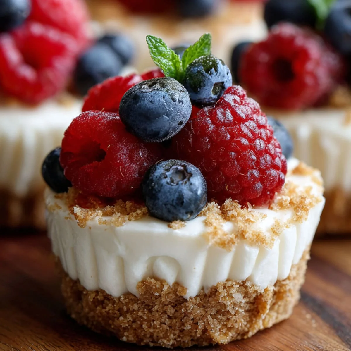 No Bake Cheesecake Cups topped with raspberries and blueberries