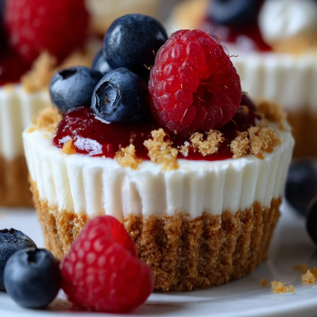 No Bake Cheesecake Cups with berry topping and graham cracker crumbs