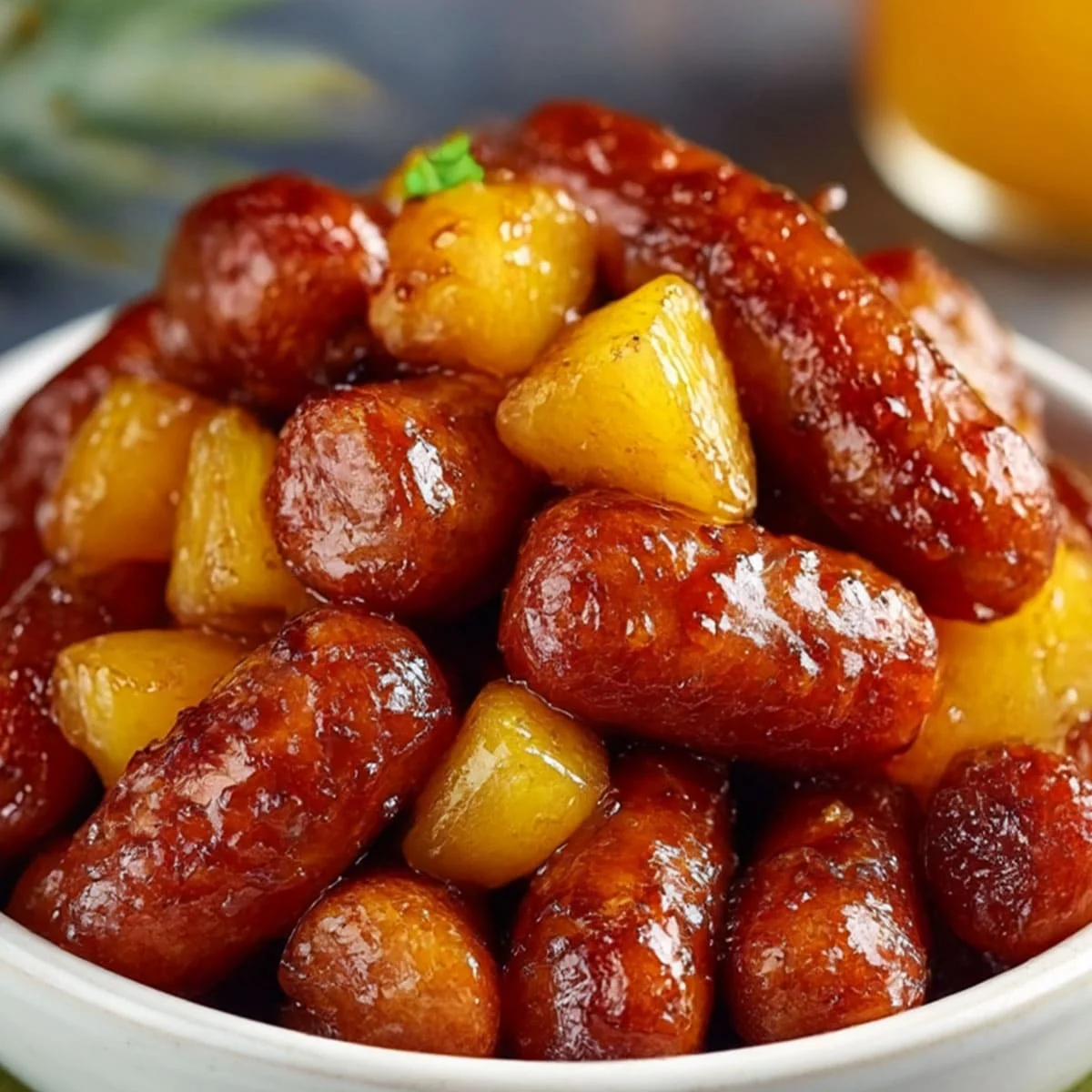 Bowl of Pineapple Brown Sugar Lil’ Smokies Bites served hot