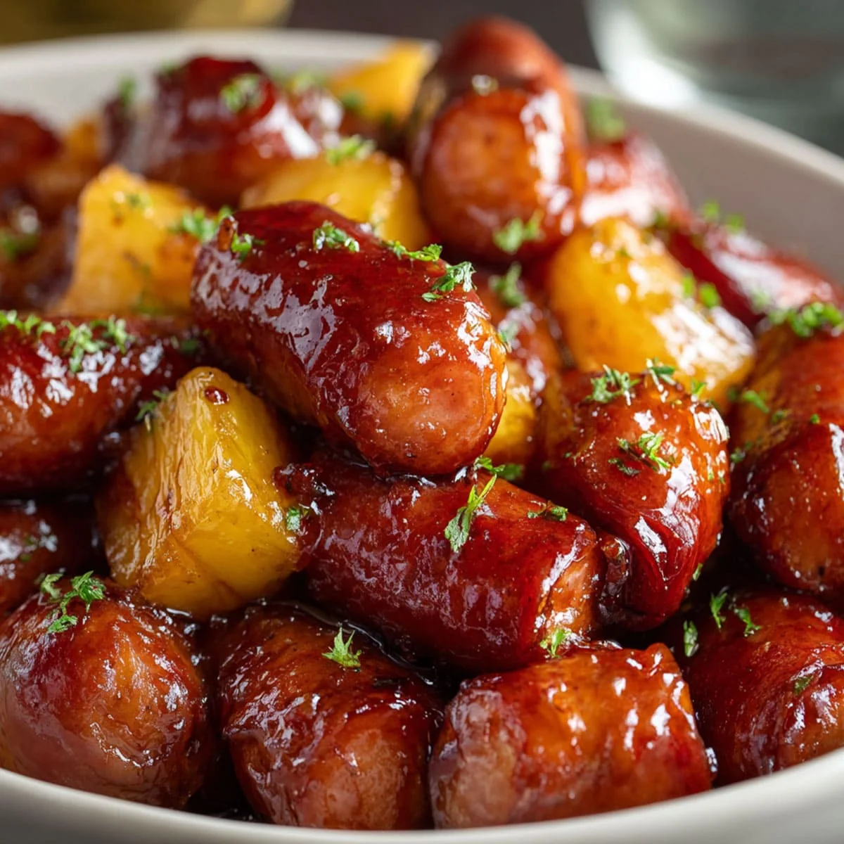 Glazed Pineapple Brown Sugar Lil’ Smokies Bites with fresh herbs