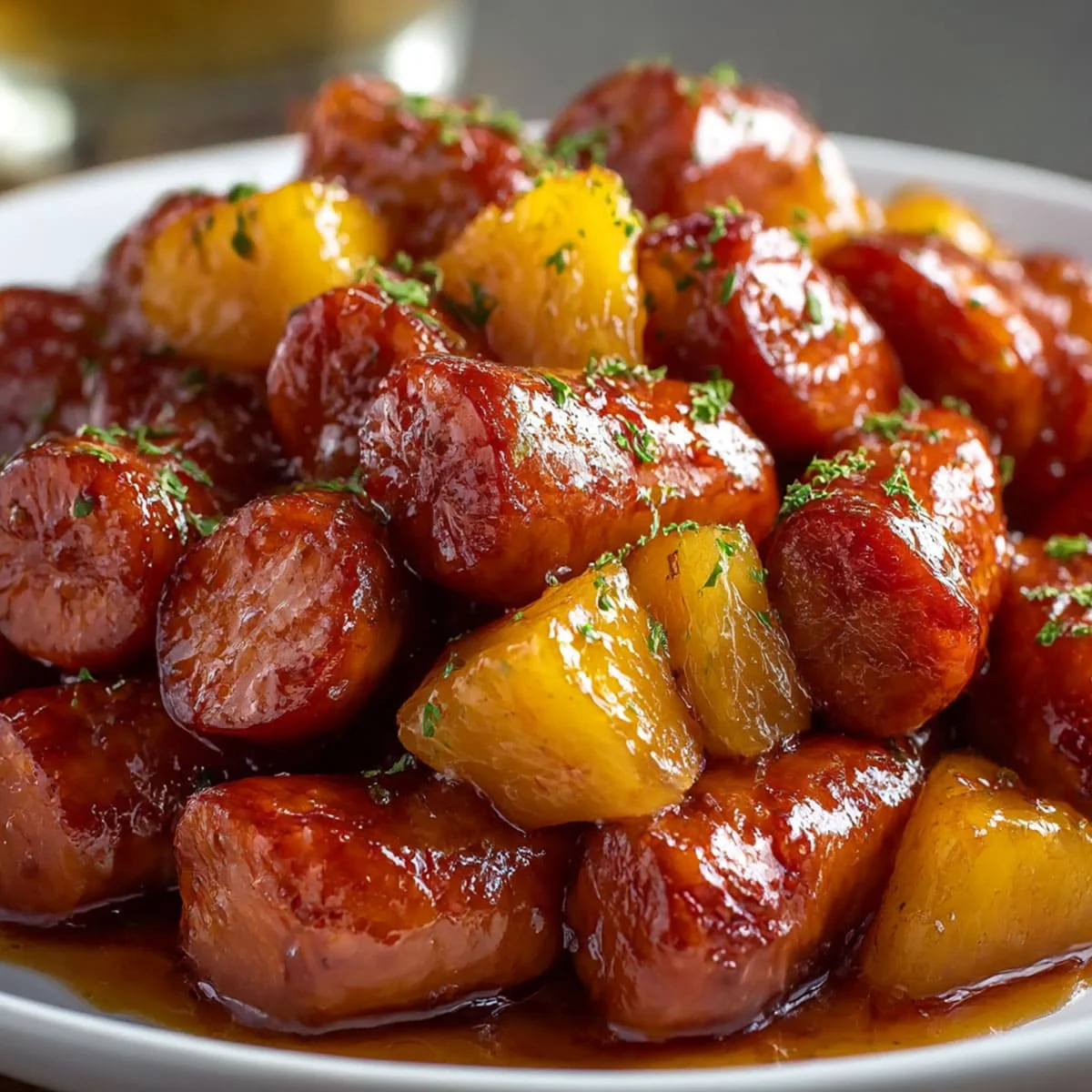 Pineapple Brown Sugar Lil’ Smokies Bites slow-cooked in glaze