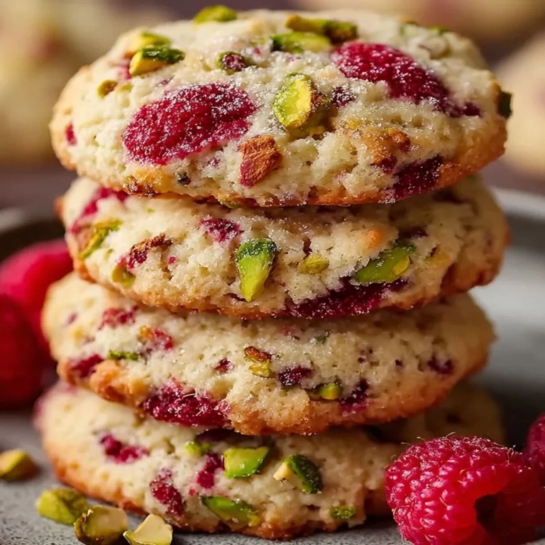 Four raspberry pistachio shortbread cookies stacked on a plate for a holiday dessert