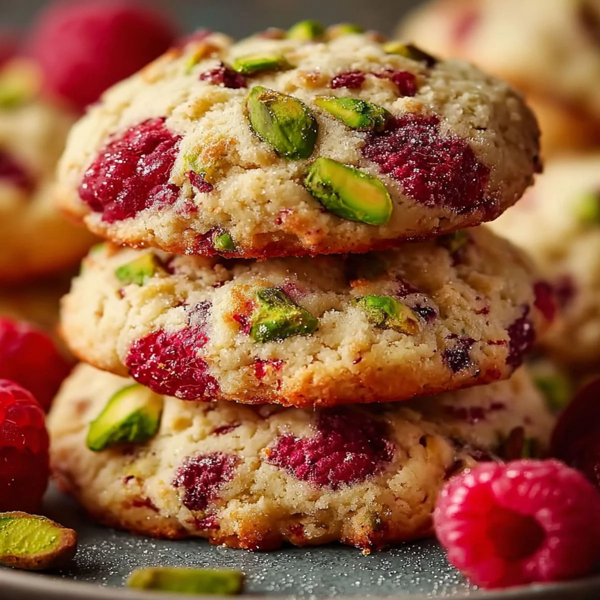 Stack of raspberry pistachio shortbread cookies with vibrant raspberries and green pistachio pieces