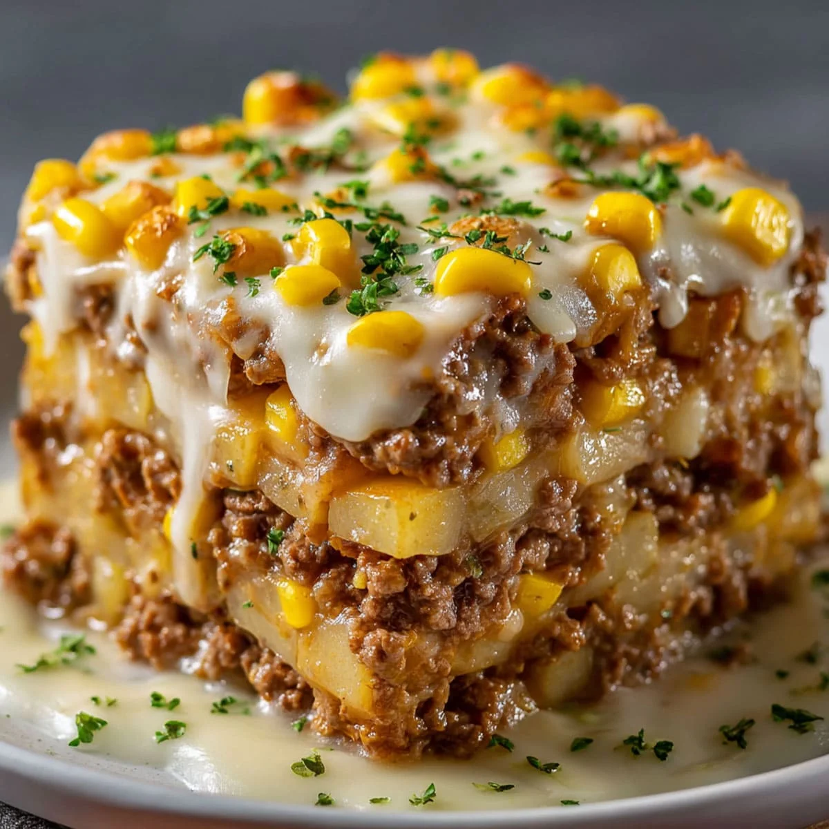 Stacked slice of Slow Cooker Hamburger Hash with corn and cheese drizzle