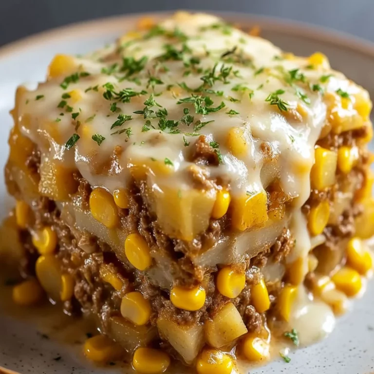 Slow Cooker Hamburger Hash with layered potatoes, beef, corn, and melted cheese