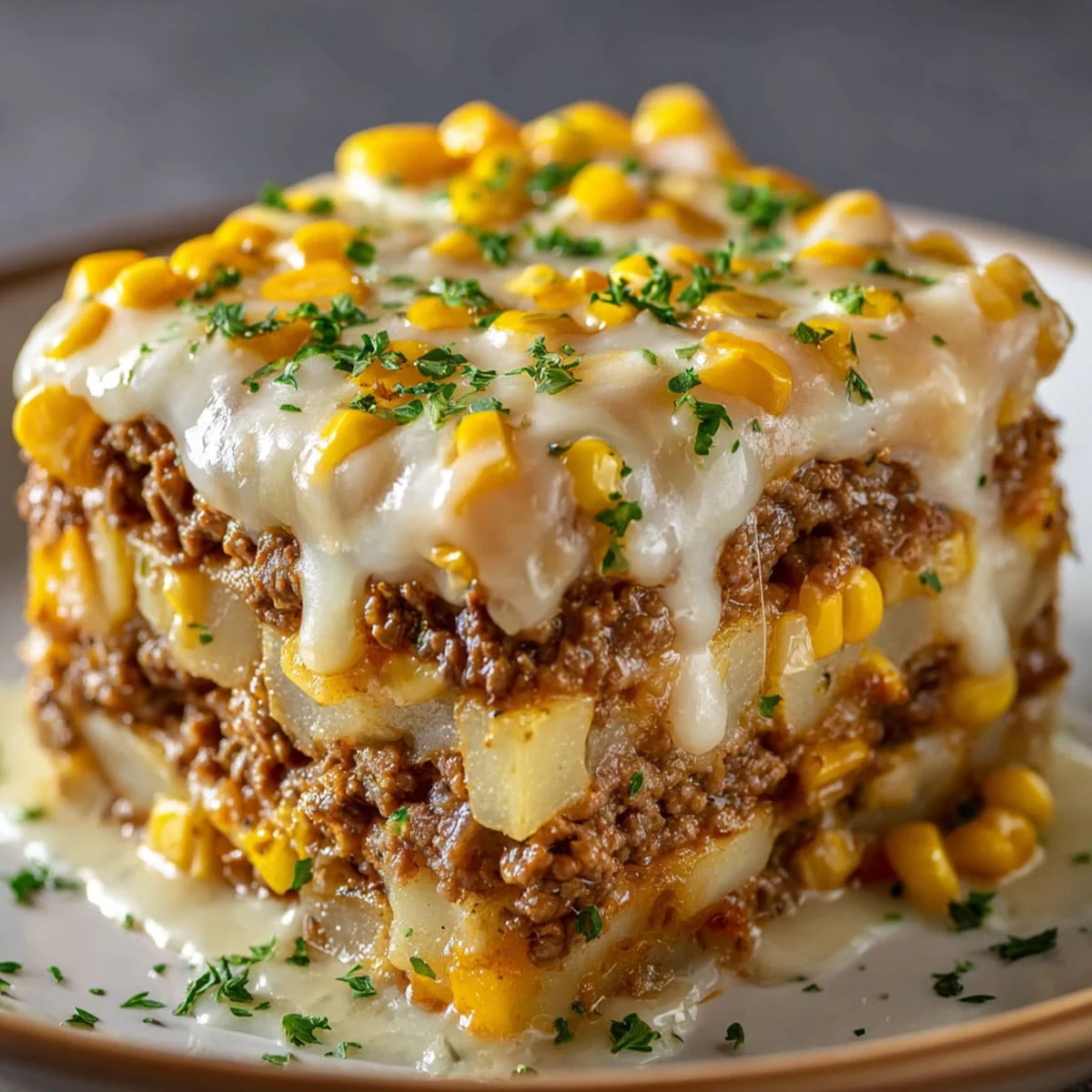 Creamy Slow Cooker Hamburger Hash topped with fresh parsley