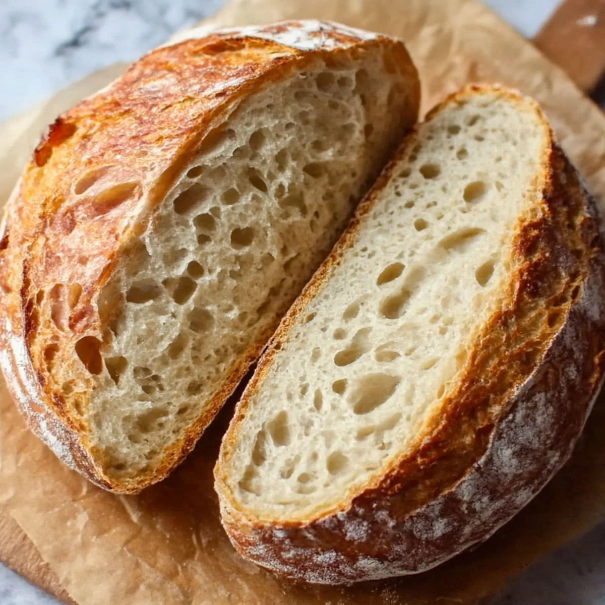 Sourdough Bread sliced showing airy crumb and golden crust texture