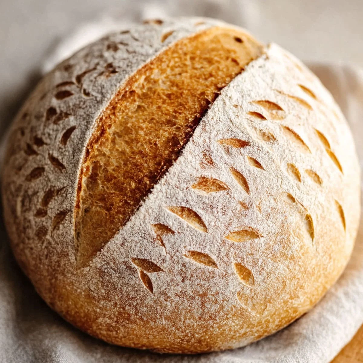 Sourdough Bread artisan boule with golden crust and decorative scoring