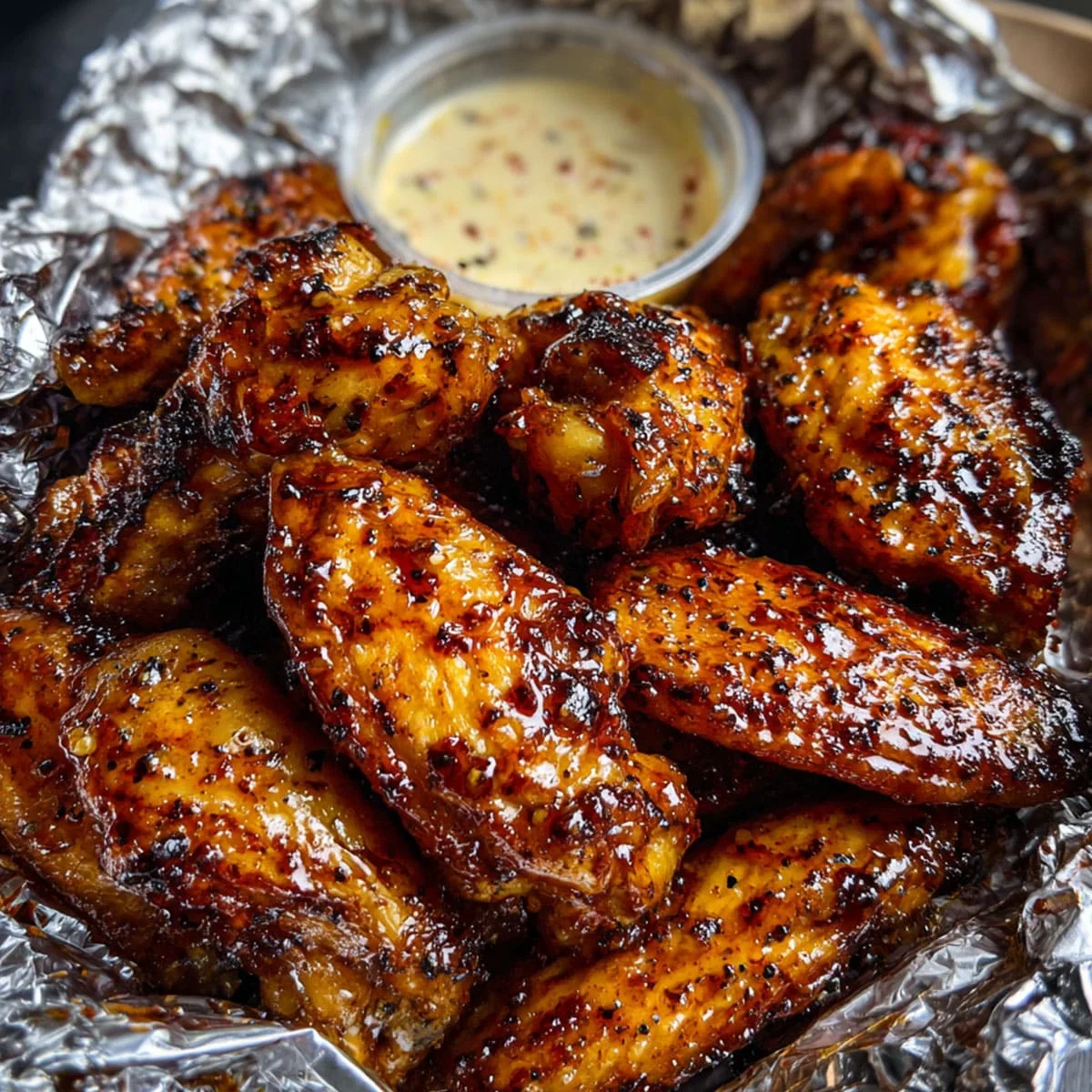 Sticky chicken wings coated in black pepper glaze in foil tray