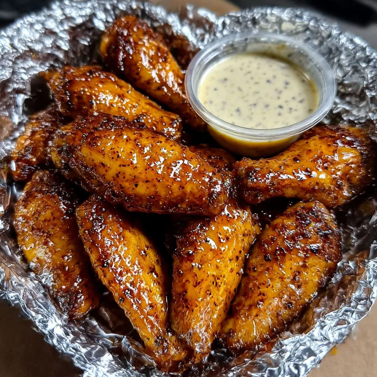 Sticky chicken wings baked with honey garlic glaze and ranch dip