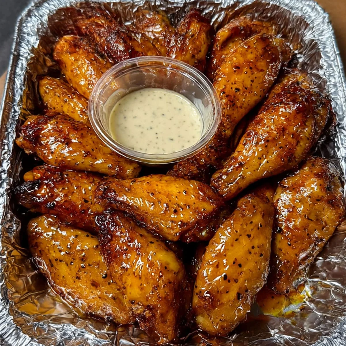 Baked sticky chicken wings arranged in foil pan with ranch dip