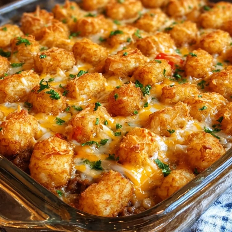 Cheesy tater tot casserole baked with beef, cheese, and fresh herbs