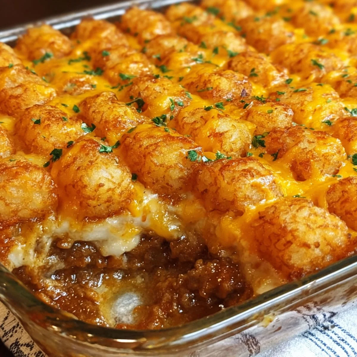 Hot cheesy tater tot casserole with a serving scooped out